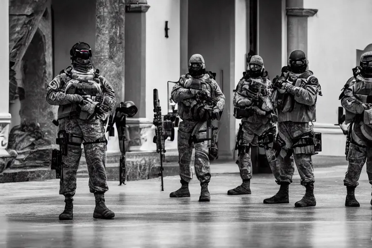 Image similar to Mercenary Special Forces soldiers in grey uniforms with black armored vest and black helmets fighting inside a mansion in 2022, Canon EOS R3, f/1.4, ISO 200, 1/160s, 8K, RAW, unedited, symmetrical balance, in-frame, combat photography