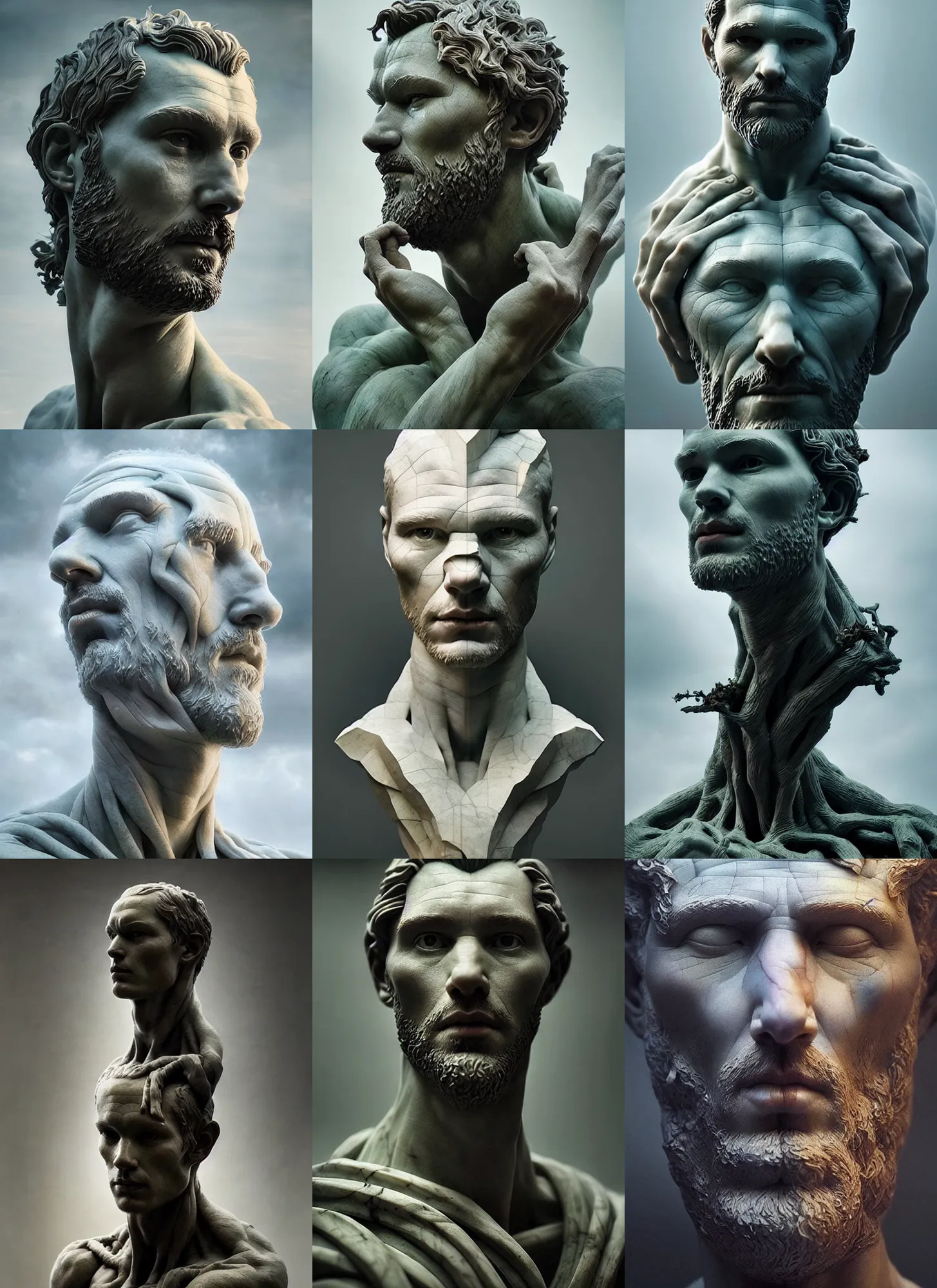 Prompt: beautiful portrait of man made of a tree marble sculpture by greg rutkowski, josan gonzalez, rodin, michelangelo, cinematography by christopher nolan, imaginative, creative, emotion : madness