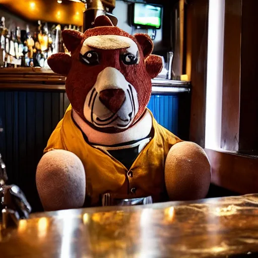 Image similar to Bullseye mascot Bully sitting at the bar of an English pub with a half drunk pint of ale. He looks sad and dejected by carravagio dramatic light