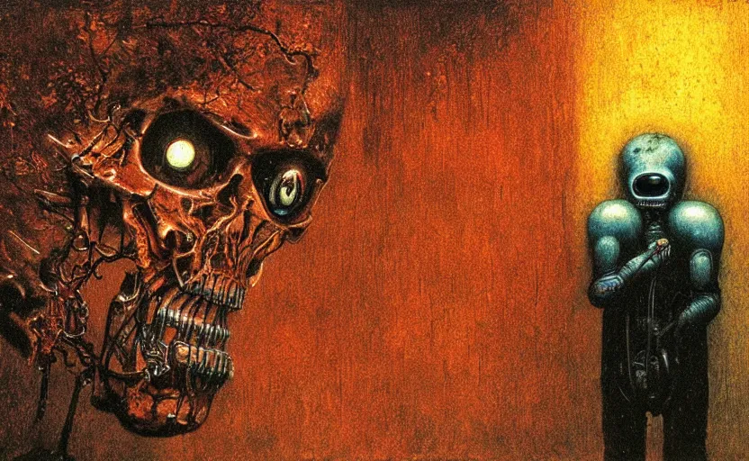 Prompt: terminator endoskeleton crying by beksinski