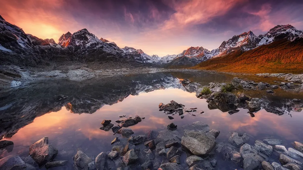 Image similar to amazing landscape photo of mountains with lake in sunset by marc adamus, beautiful dramatic lighting