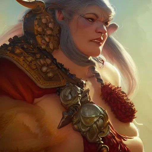 Image similar to female ogre, deep focus, d & d, fantasy, intricate, elegant, highly detailed, digital painting, artstation, concept art, matte, sharp focus, illustration, hearthstone, art by artgerm and greg rutkowski and alphonse mucha