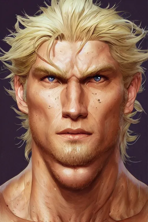 Image similar to portrait of blonde douchebag as a hulking herculean demon, forest, godlike, full body, fantasy, intricate, elegant, highly detailed, digital painting, artstation, concept art, sharp focus, illustration, art by artgerm and greg rutkowski and alphonse mucha