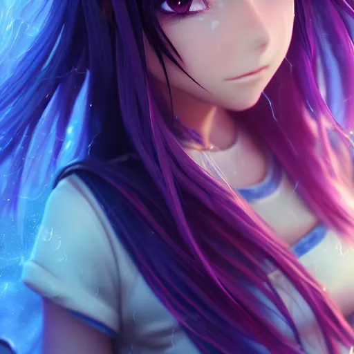 Prompt: render as a very beautiful 3d anime girl, long braided purple hair, azure blue eyes, full round face, short smile, casual clothes, unfocused thunderstorm in background, cinematic lightning, medium shot, mid-shot, highly detailed, trending on Artstation, Unreal Engine 4k, cinematic wallpaper