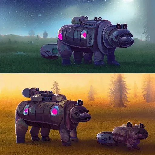 Image similar to a chow chow in a mech suit in the style of simon stalenhag