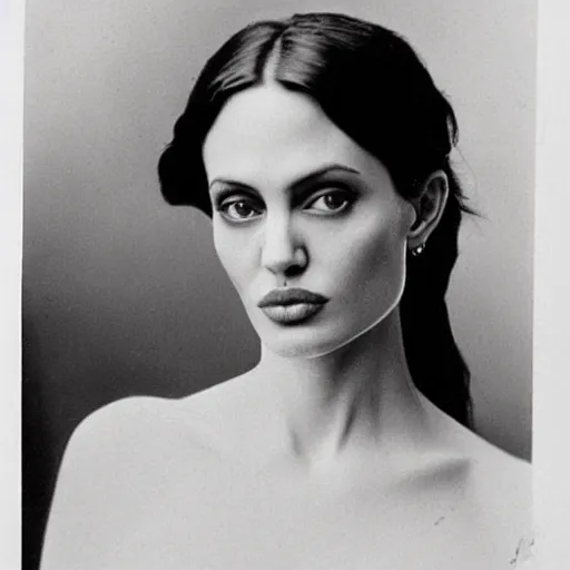 Prompt: victorian photograph of angelina jolie, 1 8 9 0 s photography, 1 9 0 0, graceful, realistic face, symmetrical face, studio photograph, grainy, edwardian, old photo