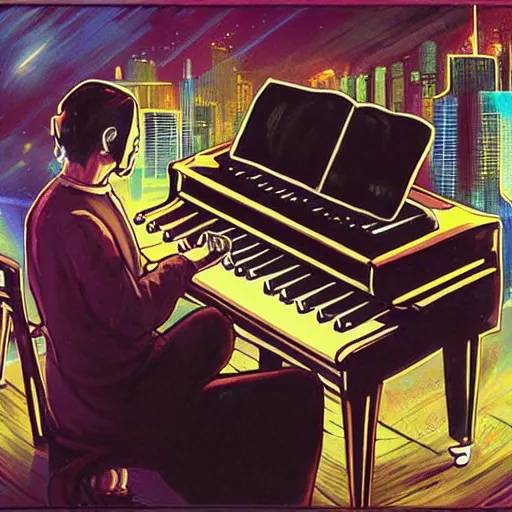 Prompt: a painting of bill evans playing piano with cyberpunk style