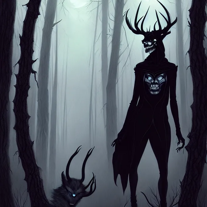 Prompt: style artgerm, joshua middleton, diego fazio, gerald brom, scary wendigo with antlers and skull face mixed with werewolf : : [ beautiful witch wearing a black dress on the right side ] : : in the forest, detailed, dark and foggy, cinematic lighting