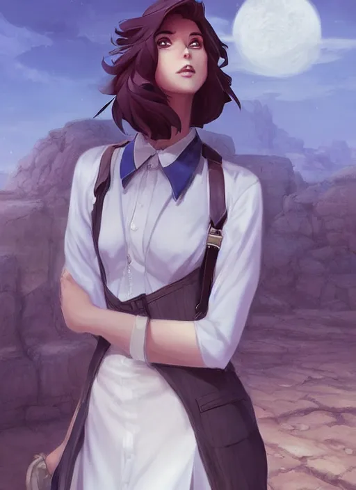 Image similar to beautiful portrait commission of a male furry anthro wolf Sherriff wearing a white dress shirt with suspenders in an old-timey desert town. Atmospheric. Character design by charlie bowater, ross tran, artgerm, and makoto shinkai, detailed, inked, western comic book art