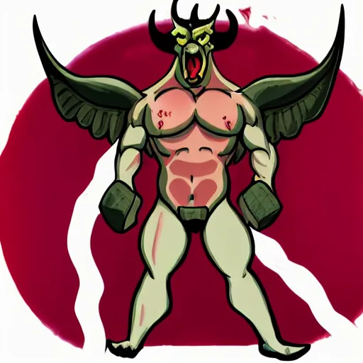 Image similar to full body drawing of a muscled horned Satan Devil , swimming tuxedo, red flames in background