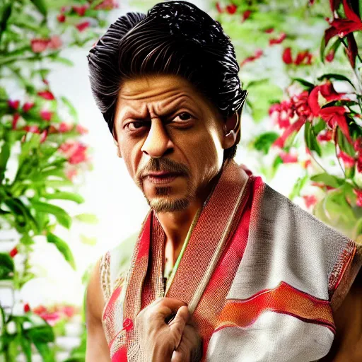 Prompt: shahrukh khan wearing assamese male bihu dress, background: assam tea garden kaziranga, clear makeup, clean hair, dry skin, clear skin, airbrushed, bright eye makeup, beautiful handsome body, photo by mario testino, 8k octane render, ray traced, cinematic, hyper detailed, micro details, insanely detailed, trending on artstation, concept art