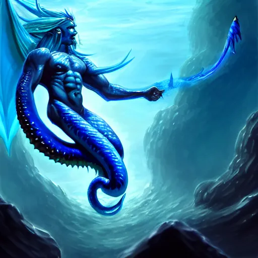 Prompt: beautiful blue naga merman wizard, underwater combat scene, zoomed out, 5 e, d & d, world of warcraft, fantasy, wide angle shot, highly detailed, masterpiece, digital painting, artstation, concept art, smooth, sharp focus, illustration, art by artgerm, by greg rutkowski