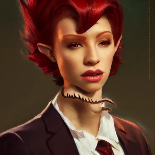 Prompt: portrait of a beautiful nonbinary actor with dark skin and messy short red hair wearing a men's suit, elf ears and gold eyes, by Gerald Brom and Ross Tran, dramatic lighting, 4K, trending on artstation