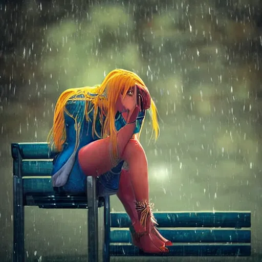 Prompt: Depressed Crystal Maiden sitting on a park bench drinking alcohol, rainy night, highly detailed photograph