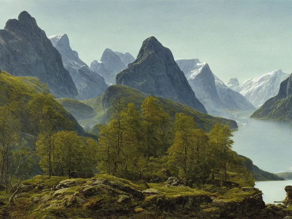 Prompt: a detailed painting of a majestic mountainous landscape in norway in spring by caspar david friedrich, high detail, snow capped mountains reflecting on a lake,