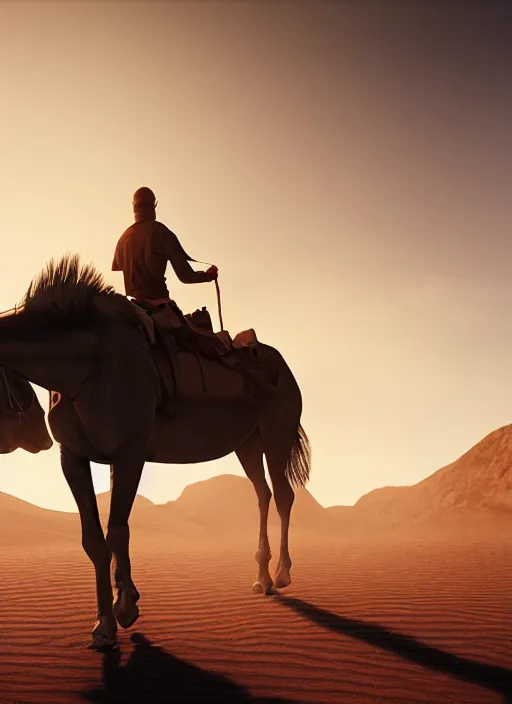 Image similar to horse on back of a man walking in desert, volumetric lighting, beautiful, golden hour, sharp focus, ultra detailed, cgsociety by leesha hannigan, ross tran, thierry doizon, kai carpenter, ignacio fernandez rios, noir photorealism, film