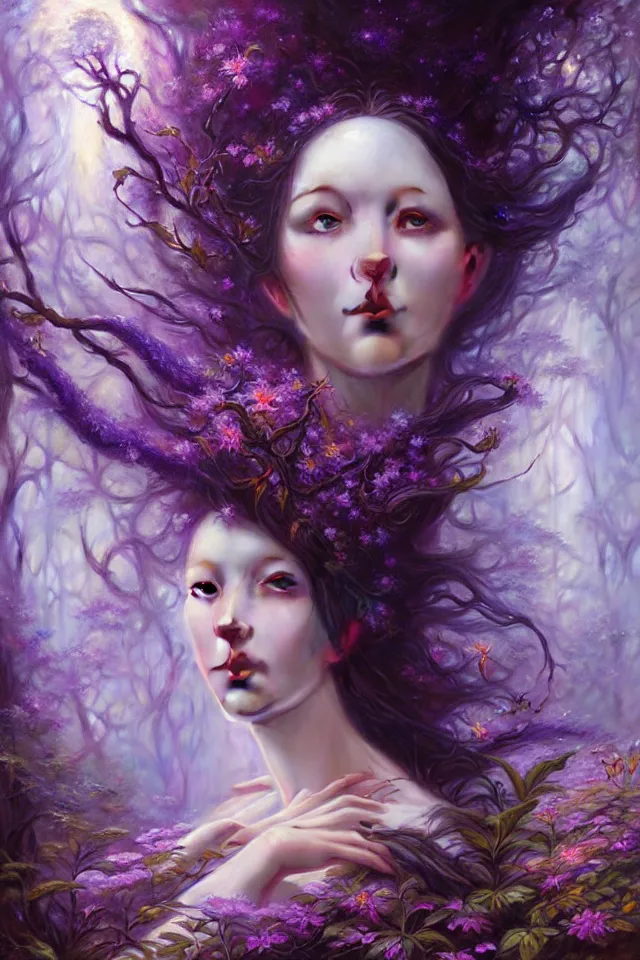 Image similar to ultra detailed photo realistic portrait painting of the empress of the enchanted purple forest, volumetric lighting, by karol bak, greg rutkowski, peter mohrbacher and miho hirano, film poster