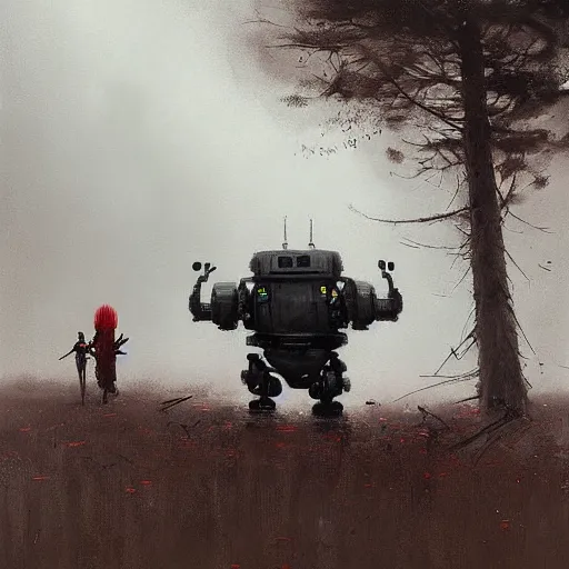Prompt: an epic painting of a creepy robot by jakub rozalski