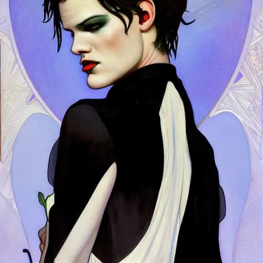 Image similar to beautiful portrait of androgynous ruby rose as desire from sandman in a white tuxedo!!!, rockabilly style, by alphonse mucha, cedric peyravernay, by jeremy mann, by frank moth, white suit and black tie, soft lightning, high detailed, 8 k