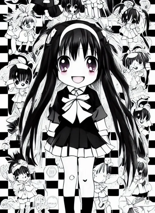 Image similar to manga style, black and white manga, multi - panel kawaii chibi manga, school girl kuudere, by gen urobuchi and yuyuko takemiya, japanese language