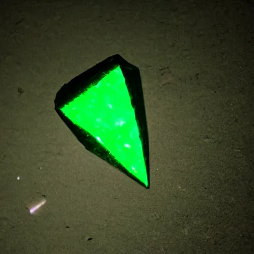 Image similar to a glowing shard of kryptonite held in an open black - gloved hand, night photography, pitch black, lit only by the green glow of the kryptonite