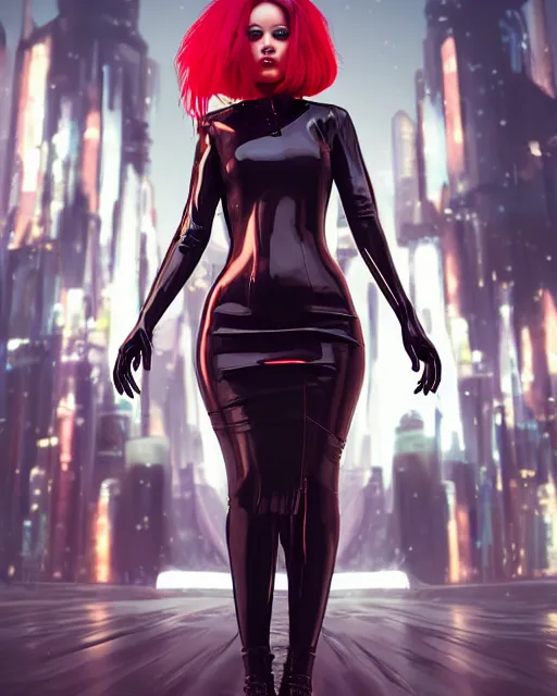 Image similar to Portrait of a futuristic rogue by Charlie Bowater, latex dress, gothic, short red hair, complementary rim lights, backlit, posing, cyberpunk city backdrop