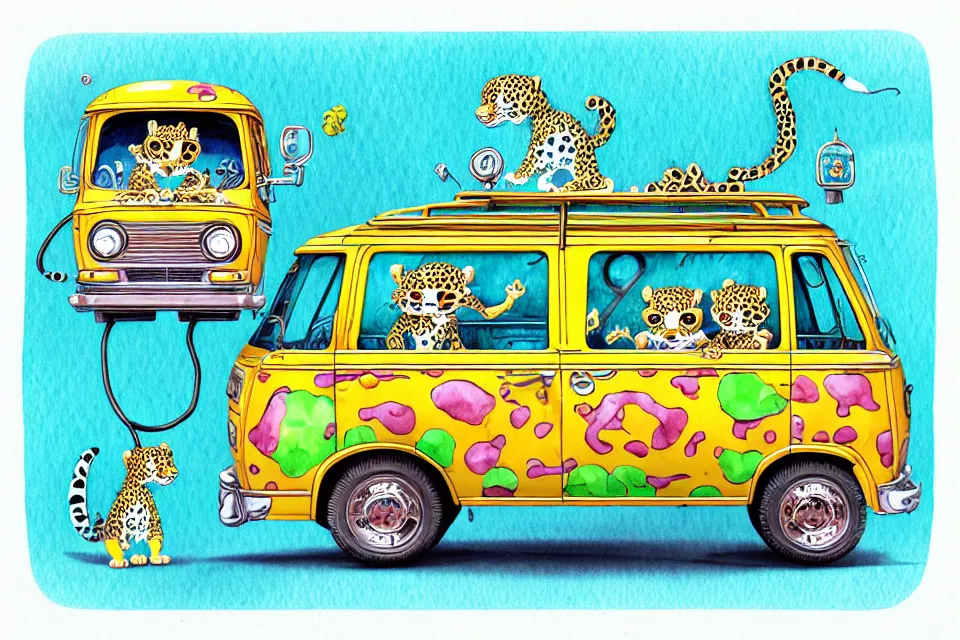 Image similar to cute and funny, baby leopard riding in a mystery machine van, ratfink style by ed roth, centered award winning watercolor pen illustration, isometric illustration by chihiro iwasaki, edited by range murata, tiny details by artgerm and watercolor girl, symmetrically isometrically centered, sharply focused