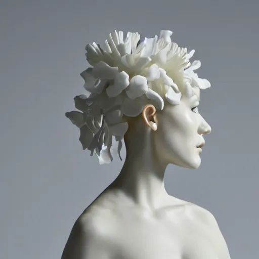 Image similar to female porcelain sculpture by daniel arsham and raoul marks, smooth, full head, all white features on a white background, detailed white 3 d giant poppies on the head