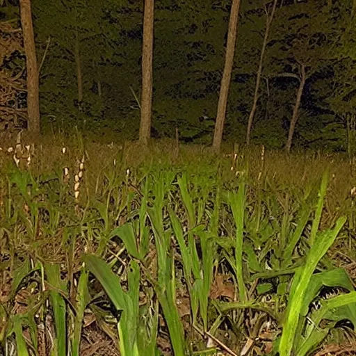 Image similar to trail cam footage of ominous floating corn cobs, nighttime trail cam