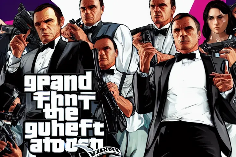 Image similar to GTA V cover art based on James Bond, starring 007 James Bond