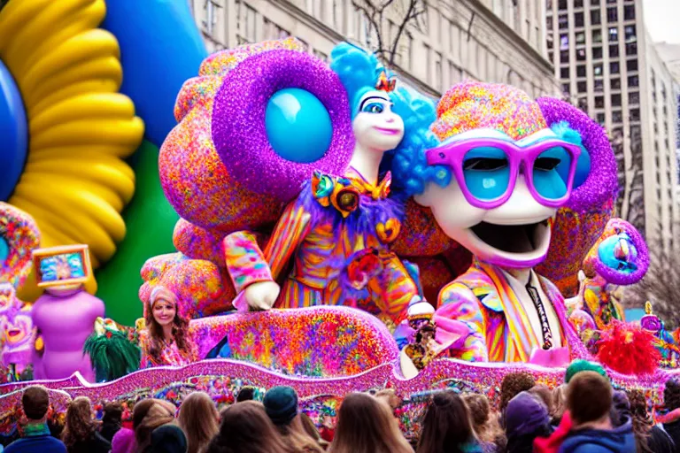 Prompt: photo of giant beautiful elaborate parade float character designed by ( ( ( ( ( ( ( ( lisa frank ) ) ) ) ) ) ) ) and wes anderson!!!!!!!!!!!!!!, in the macys parade, detailed 4 k photo,