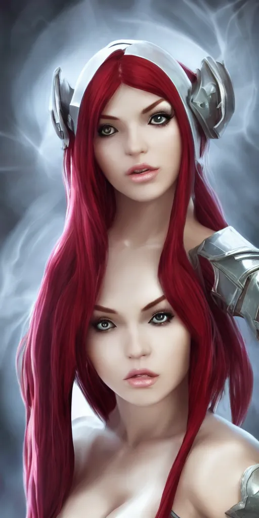 Image similar to Katarina from League of Legends, photorealistic studio portrait, studio lighting, unreal engine 5, hyperrealistic, dynamic lighting, white ambient background, realistic, highly detailed