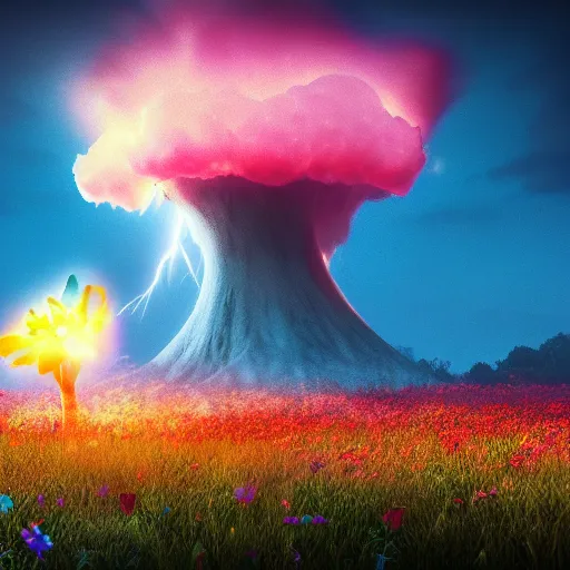 Image similar to a dramatic nuclear explosion but with flowers, mushroom, dramatic lightning, octane render, cinematic rendering, 8k