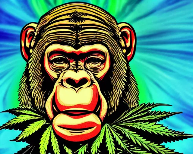 Prompt: psychedelic ornamental baroque bored ape wearing marijuana bandana, opensea