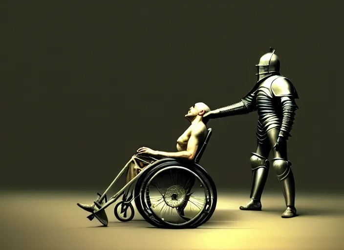 Image similar to knight in armor in a wheelchair do tricks, minsk, highly detailed, soft lighting, elegant, works by edward hopper and james gillard, zdislaw beksinski, stephen outram, andreas m wiese, highly detailed, masterpiece. rendered in blender, smooth shadows, ultra detail, high resolution, unreal 6, 8 k