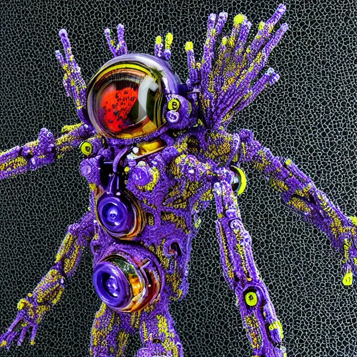 Image similar to a cybernetic symbiosis of a single astronaut mech-organic eva suit made of pearlescent wearing anodized thread knitted shiny ceramic multi colored yarn thread infected with kevlar,ferrofluid drips,carbon fiber,ceramic cracks,gaseous blob materials and diamond 3d fractal lace iridescent bubble 3d skin dotted covered with orb stalks of insectoid compound eye camera lenses orbs floats through the living room, film still from the movie directed by Denis Villeneuve with art direction by Salvador Dalí, wide lens,