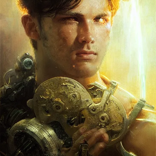 Prompt: handsome portrait of a young guy fitness posing, war hero, adventure, radiant light, caustics, reflective water, by gaston bussiere, bayard wu, greg rutkowski, giger, maxim verehin