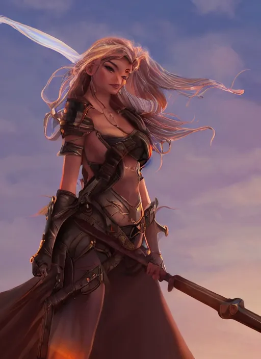 Prompt: fantasy heroine looking heroically at the sky at dusk, profile, in the style of Milica Čeliković and James Daly, artstation, digital art, full body, detailed face, castle in the background