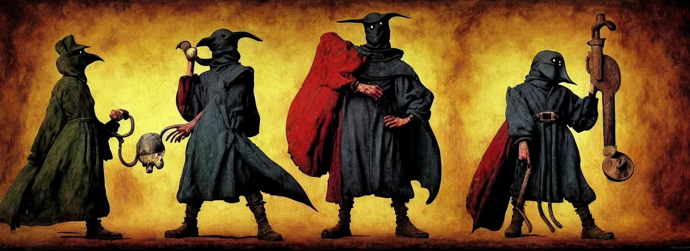 Image similar to full - body portrait surreal colorful clay fighting artstation rpg unique legendary plague doctor merchant character concept art anatomy, action pose, very coherent and colorful high contrast masterpiece by norman rockwell franz sedlacek hieronymus bosch dean ellis rene magritte gediminas pranckevicius, dark shadows, sunny day, hard lighting, reference sheet white! background