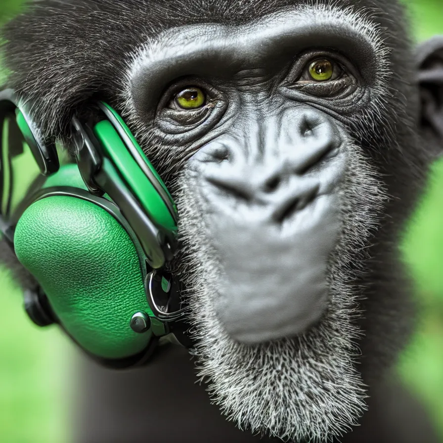 Image similar to a high quality photo of a green chimp wearing headphones, realism, 8k