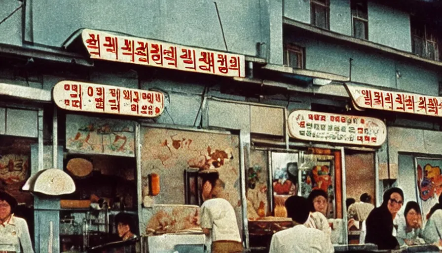 Prompt: 70s movie still of north korean restaurant, eastmancolor, heavy grain, high quality, higly detailed