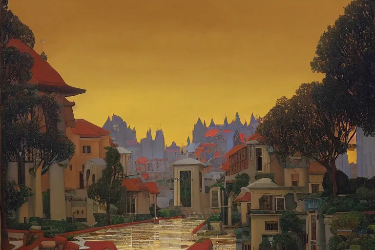 Prompt: view of the old city and its tree-lined winding streets still wet after a storm, tall windows lit up, beautiful ornamental architecture, dramatic cinematic lighting, rich colors, by Nicholas Roerich and and William Dyce and ford madox brown and April Gornik and Ludwig Deutsch and Sylvain Sarrailh , featured on artstation
