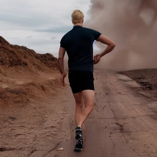 Prompt: blond dude with abs walking away from explosion