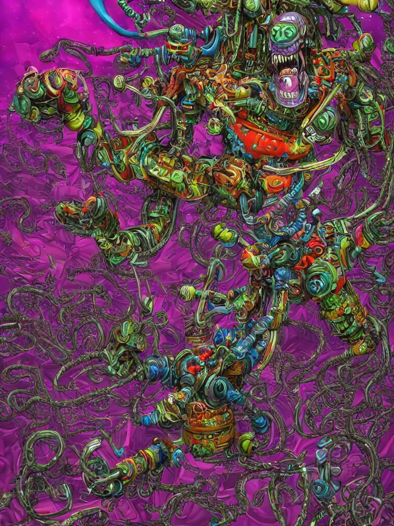 Image similar to hyper-maximalist lowbrow style overdetailed 3d sculpture of a monster by clogtwo and ben ridgway inspired by beastwreckstuff chris dyer and jimbo phillips. Cosmic horror infused retrofuturist style. Hyperdetailed high resolution. Render by binx.ly in discodiffusion. Dreamlike surreal polished render by machine.delusions. Sharp focus.