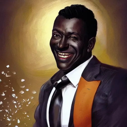 Image similar to portrait of a handsome, dark skinned man smiling brightly, in his 5 0 s with salt and pepper hair and sharp cheekbones, dressed in expensive clothes, detailed face, smooth, sharp focus, graphic novel, art by artgerm and greg rutkowski and pepe larraz,