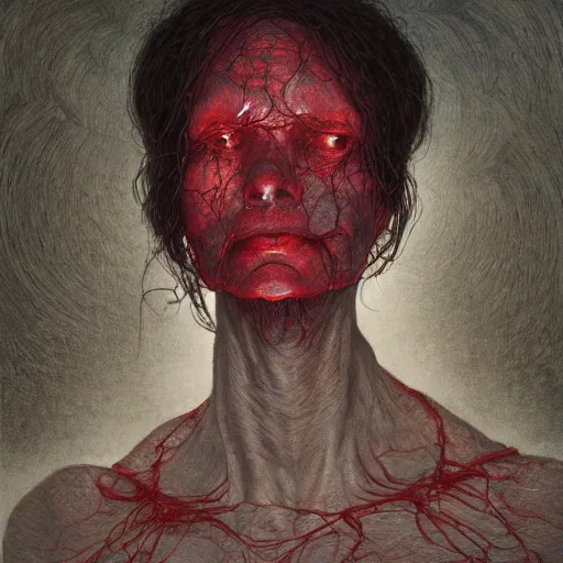 Prompt: face portrait, rocky shore, woman, wrapped around by veins, veiled face, glowing red, by edgar maxence and ross tran, zdzisław beksinski, and michael whelan, distant, gustav dore, h. r. giger, 8 k, octane render