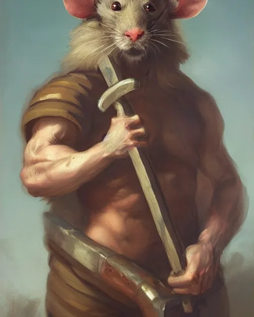 Prompt: baroque portrait of a male were-rat. he is very muscular. he is holding an axe. 4K trending on artstation by peter mohrbacher