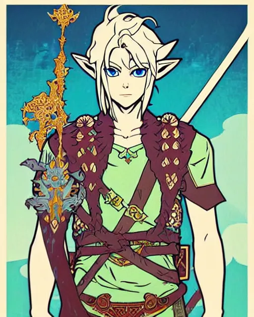 Image similar to link as the fierce diety form with white hair!! from the legend of zelda!! portrait illustration, pop art, splash painting, art by geof darrow, ashley wood, alphonse mucha, makoto shinkai