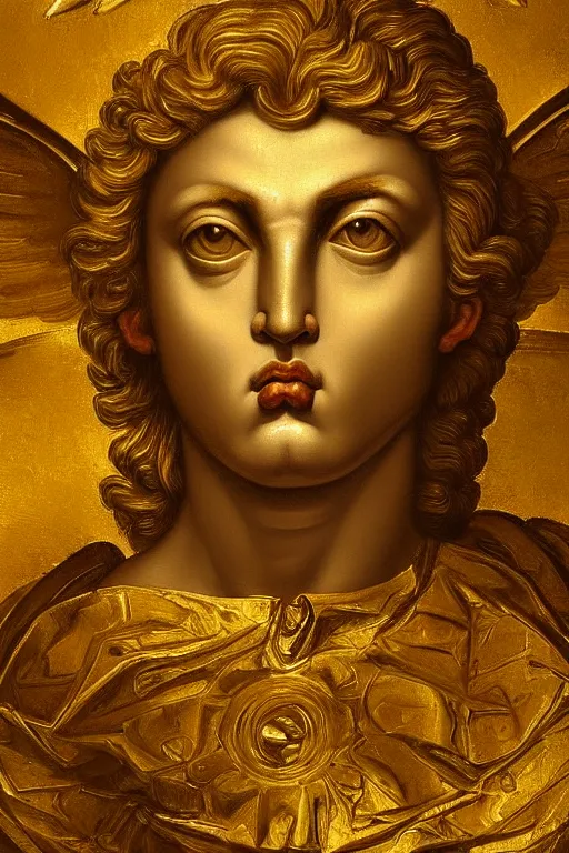 Image similar to archangel Michael, angry face, closeup, ultra detailed, made in gold, Guido Reni style