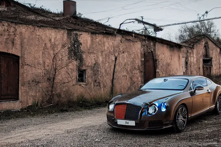 Image similar to modern rusty matte tired Bentley Continental GT without gloss no reflections drives along the road of an old Russian village with houses at the edges